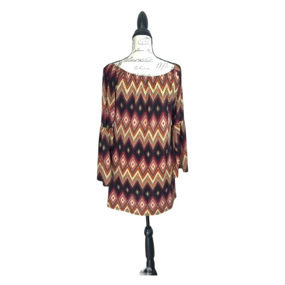 Voel Long Bell Sleeve Multicolor Chevron Print Striped Boho Mini Dress Size S - Picture 3 of 7